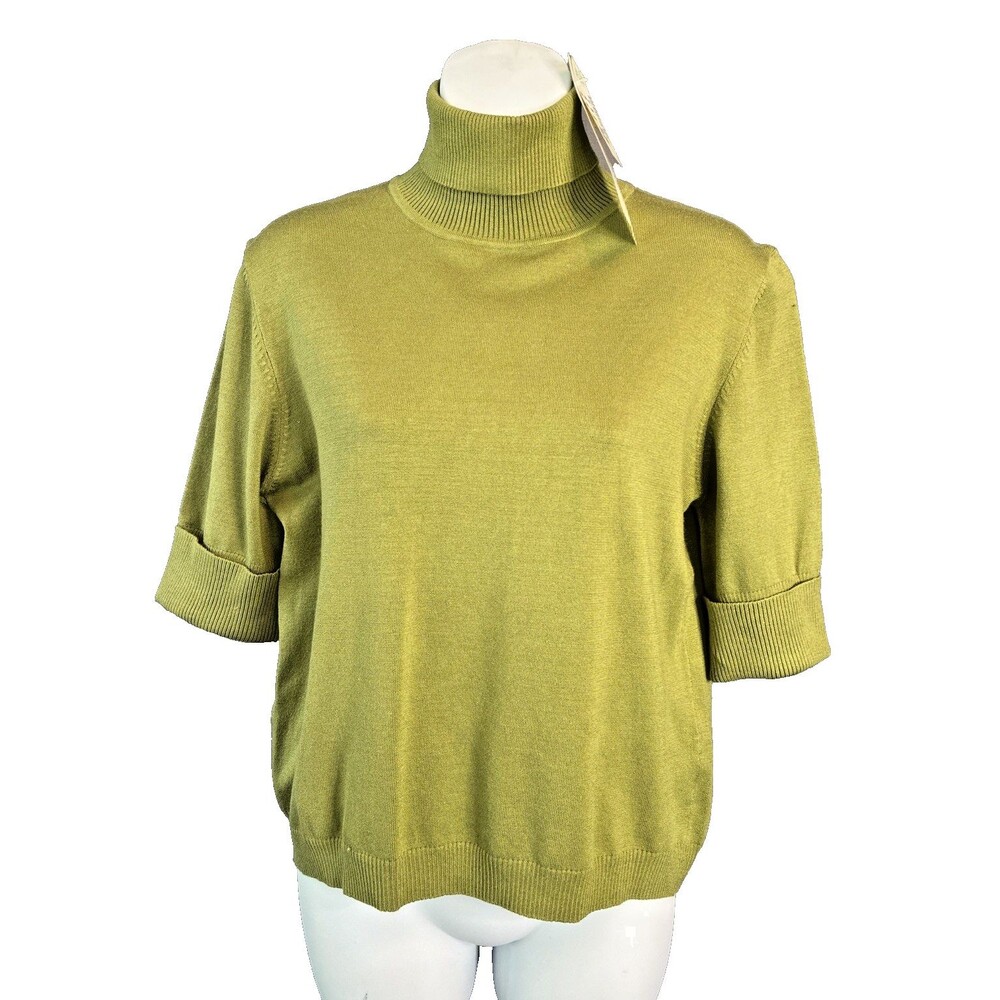 Vtg 90s Silk Blend Turtleneck Top Sz L Retro Avocado Green Knit Minimalist Chic